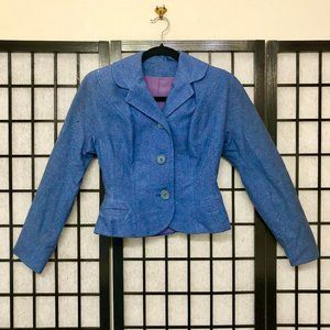 Vintage Union Made Blue Wool Jacket Blazer Skirt Suit Set XS Distressed Holes B2